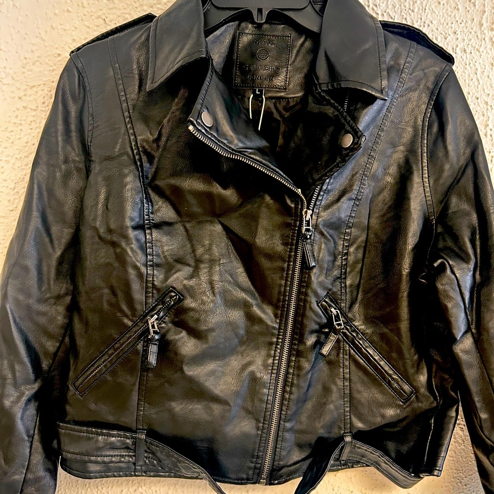MAX STUDIO London faux leather biker black jacket Large NWT